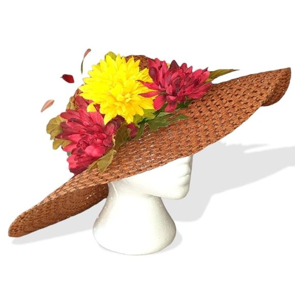 GROOVY GLAM Autumn Floral Church Wide Brim Straw Hat - Picture 1 of 7